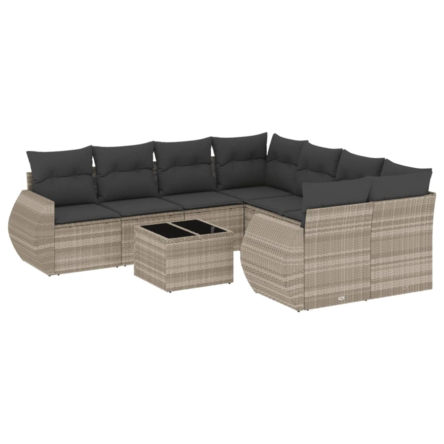 9-delige Loungeset met kussens poly rattan lichtgrijs