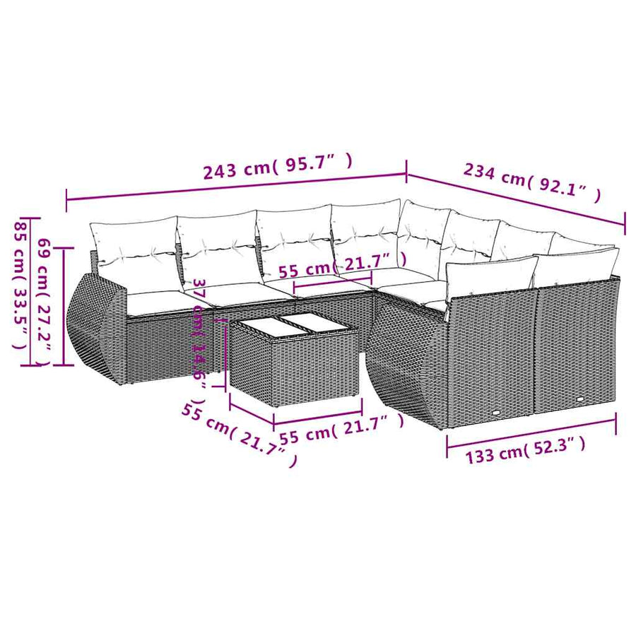 9-delige tuinbankset met kussens, bruin polyrotan
