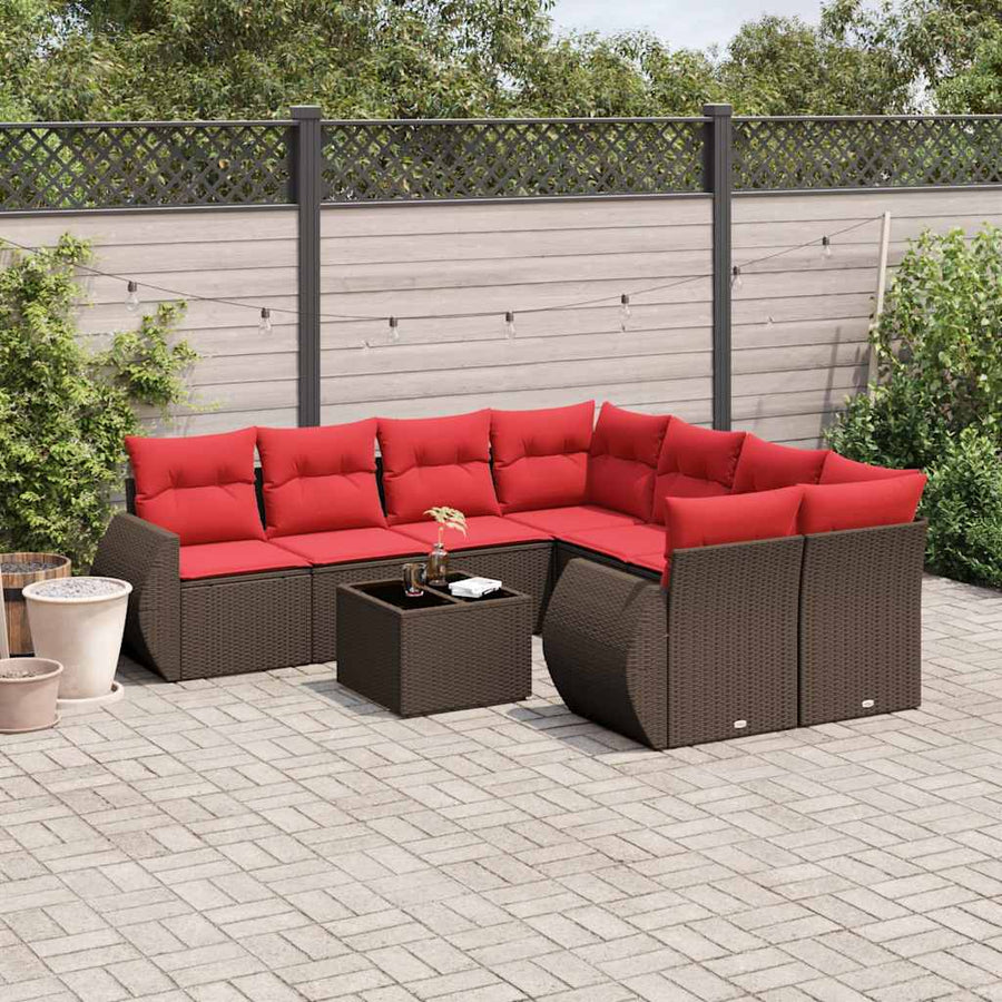 9-delige tuinbankset met kussens, bruin polyrotan