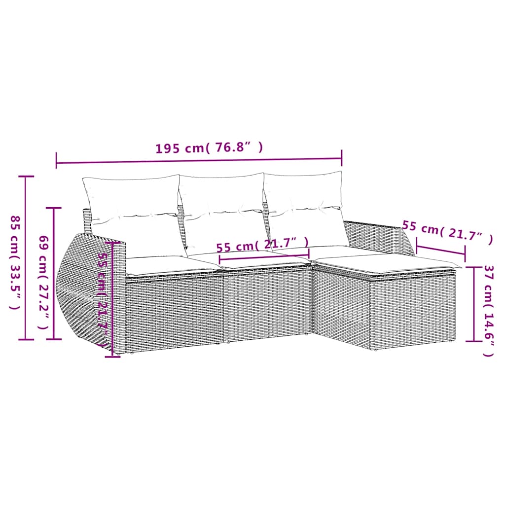 4-delige tuinbankset met kussens, grijs polyrotan