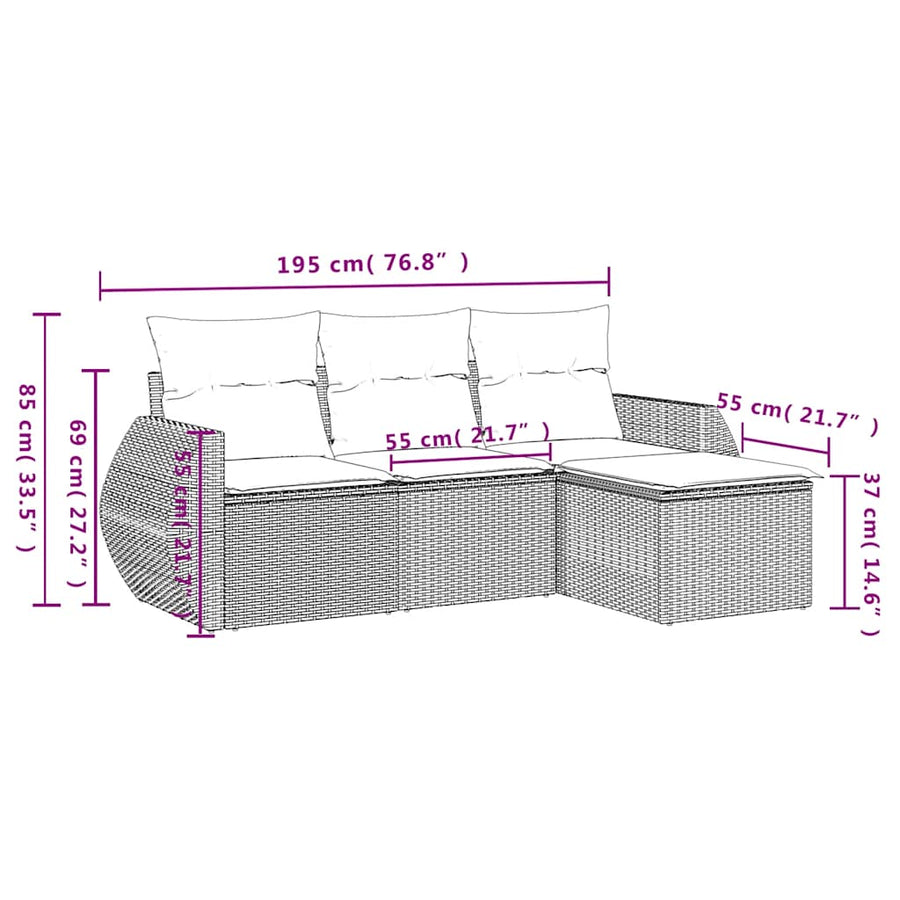 4-delige tuinbankset met kussens, grijs polyrotan