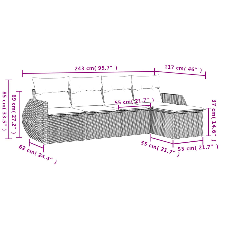 5-Delige Loungeset Met Kussens Poly Rattan Zwart