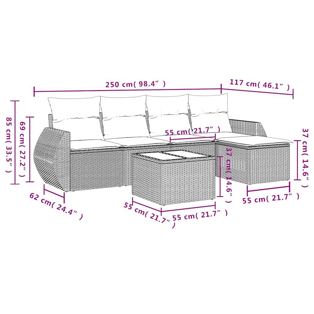 6-delige tuinbankset met kussens, grijs polyrotan