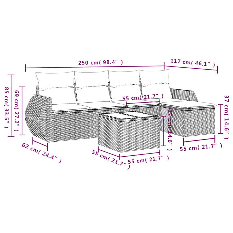 6-delige tuinbankset met kussens, grijs polyrotan
