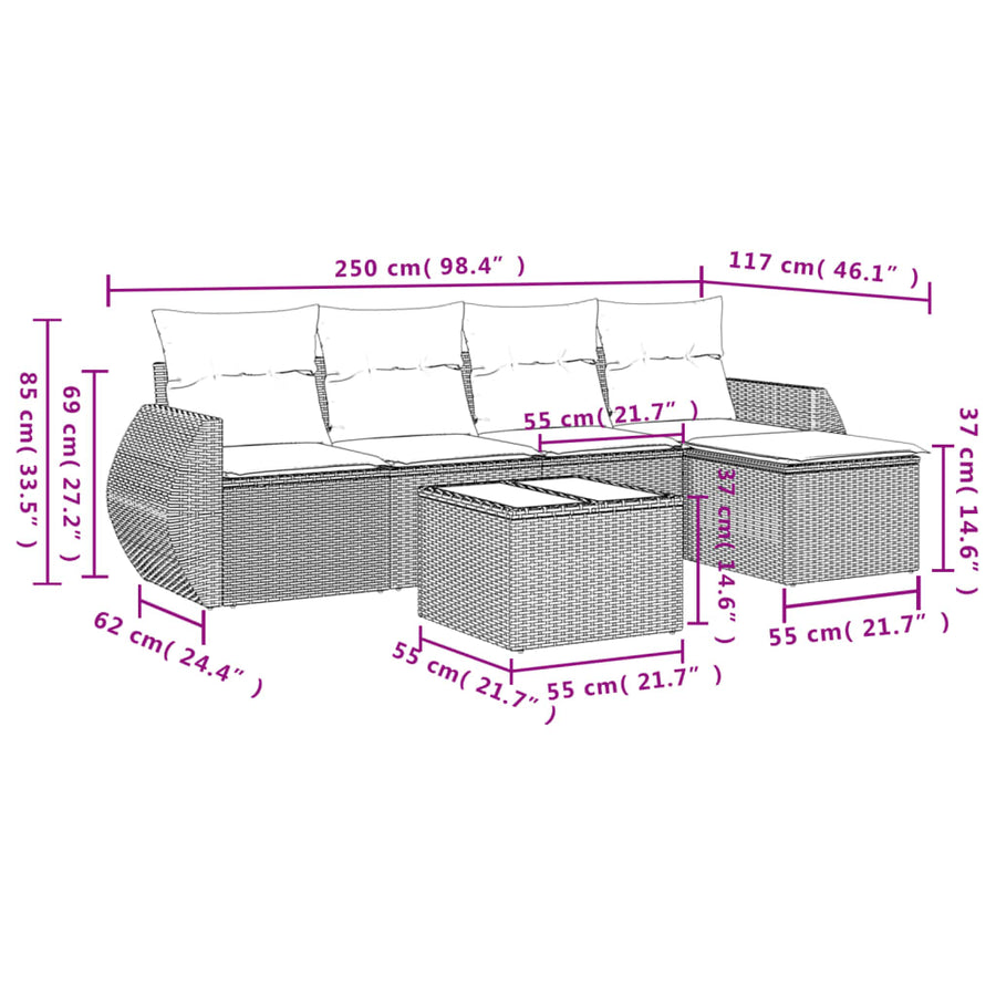 6-delige Loungeset met kussens poly rattan lichtgrijs