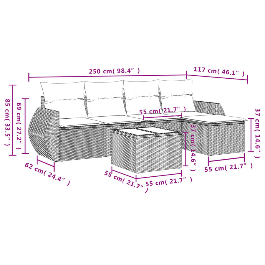 6-delige Loungeset met kussens poly rattan bruin
