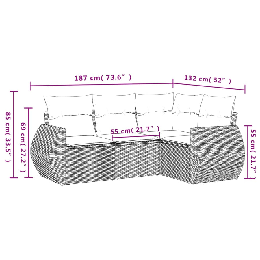 4-delige tuinbankset met kussens, grijs polyrotan