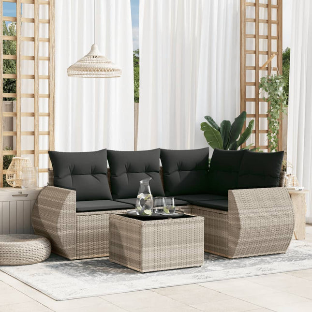 5-delige Loungeset met kussens poly rattan lichtgrijs