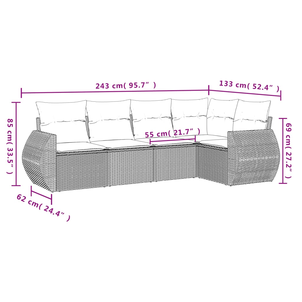 5-Delige Loungeset Met Kussens Poly Rattan Zwart