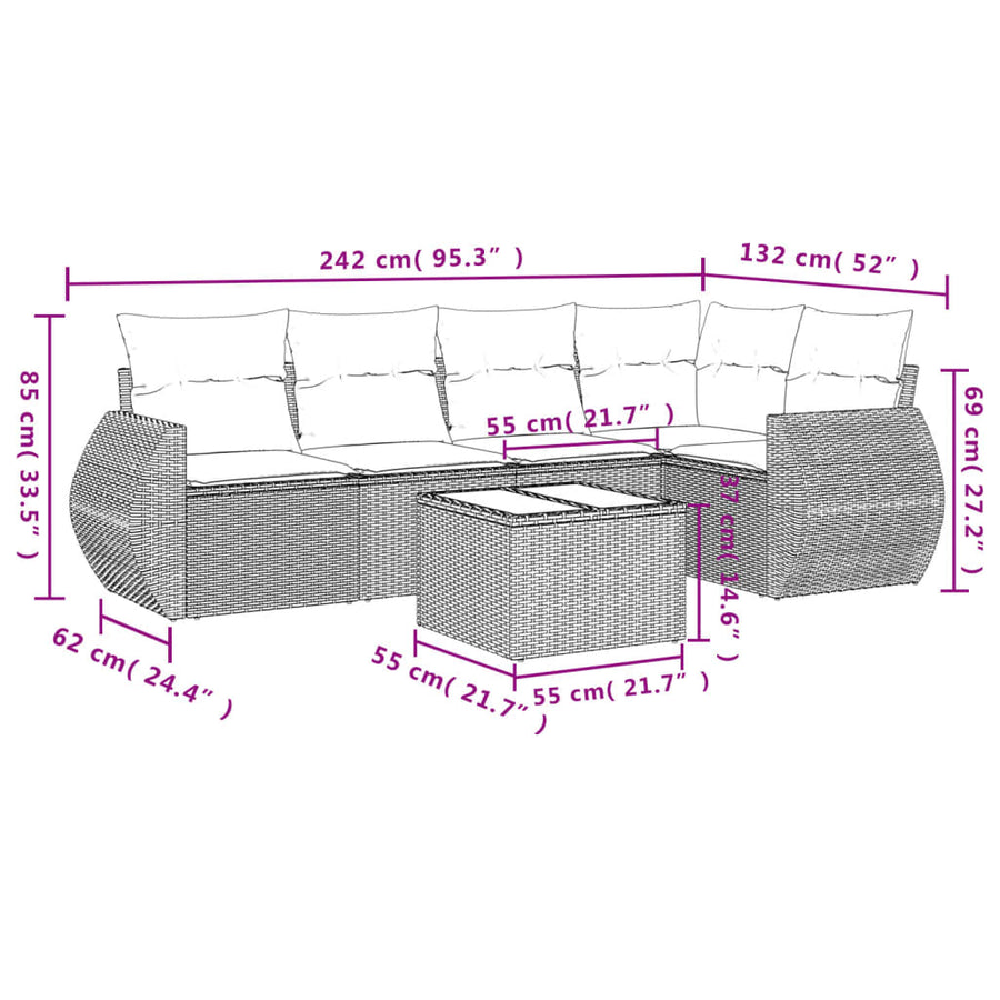 6-delige Loungeset met kussens poly rattan beige