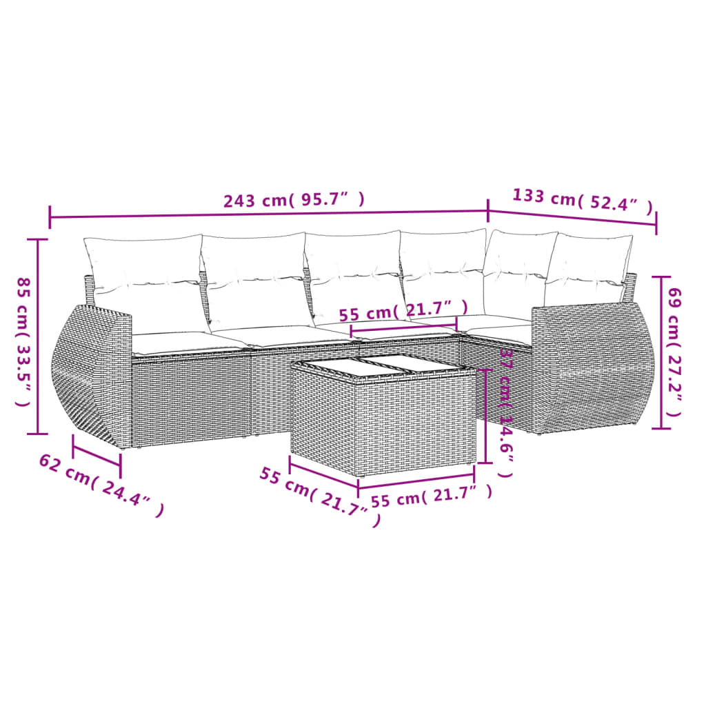 6-Delige Loungeset Met Kussens Poly Rattan Grijs