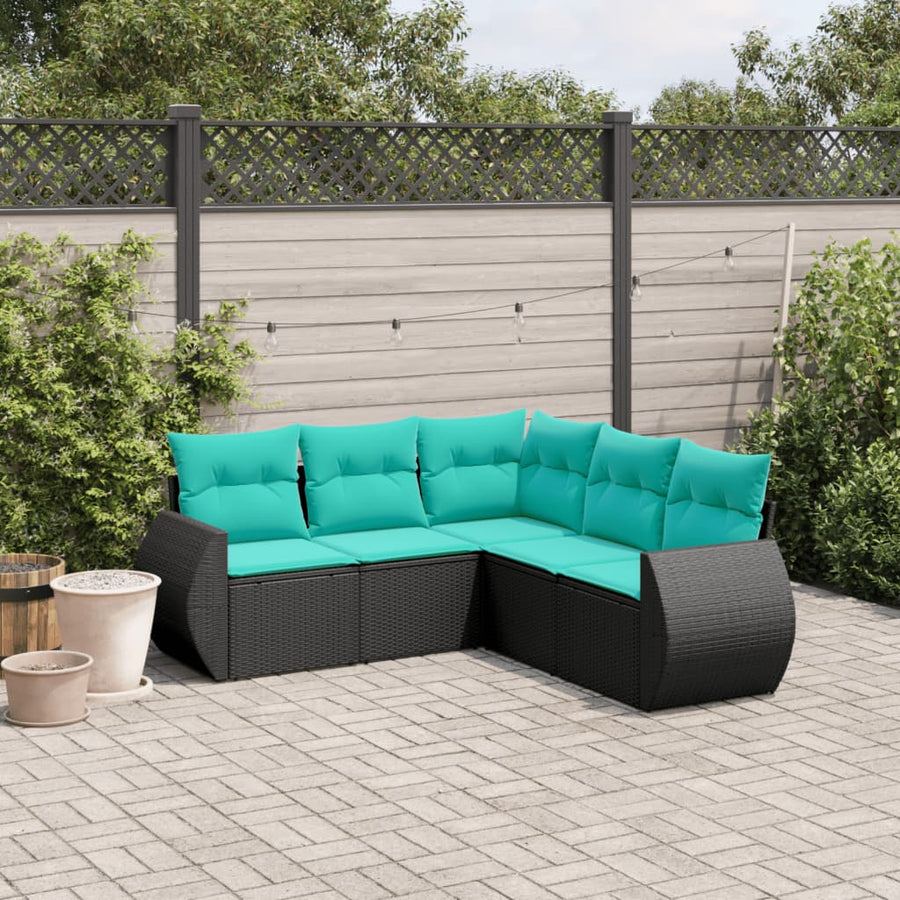 5-delige tuinbankset met kussens van zwart polyrotan