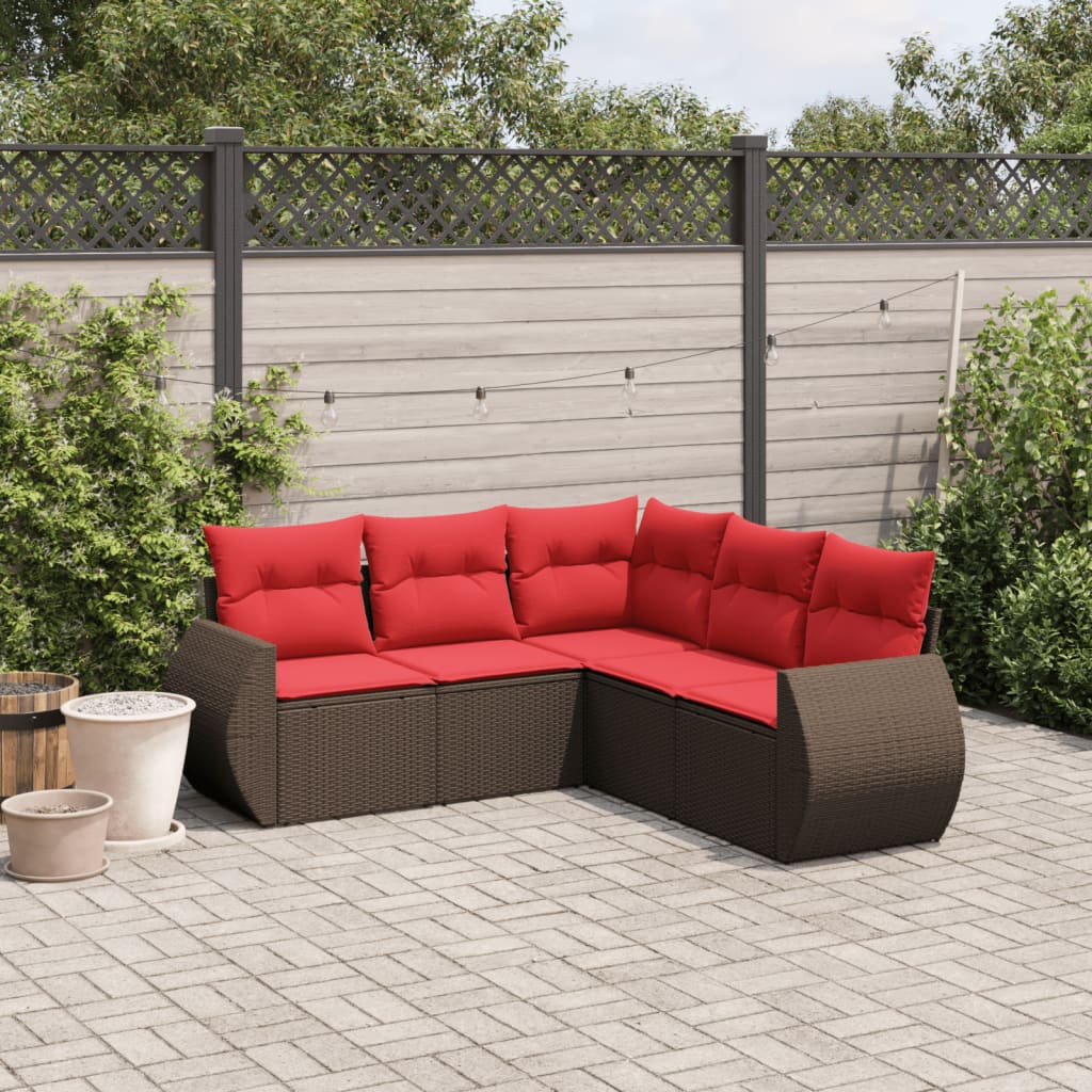5-delige tuinbankset met kussens, bruin polyrotan