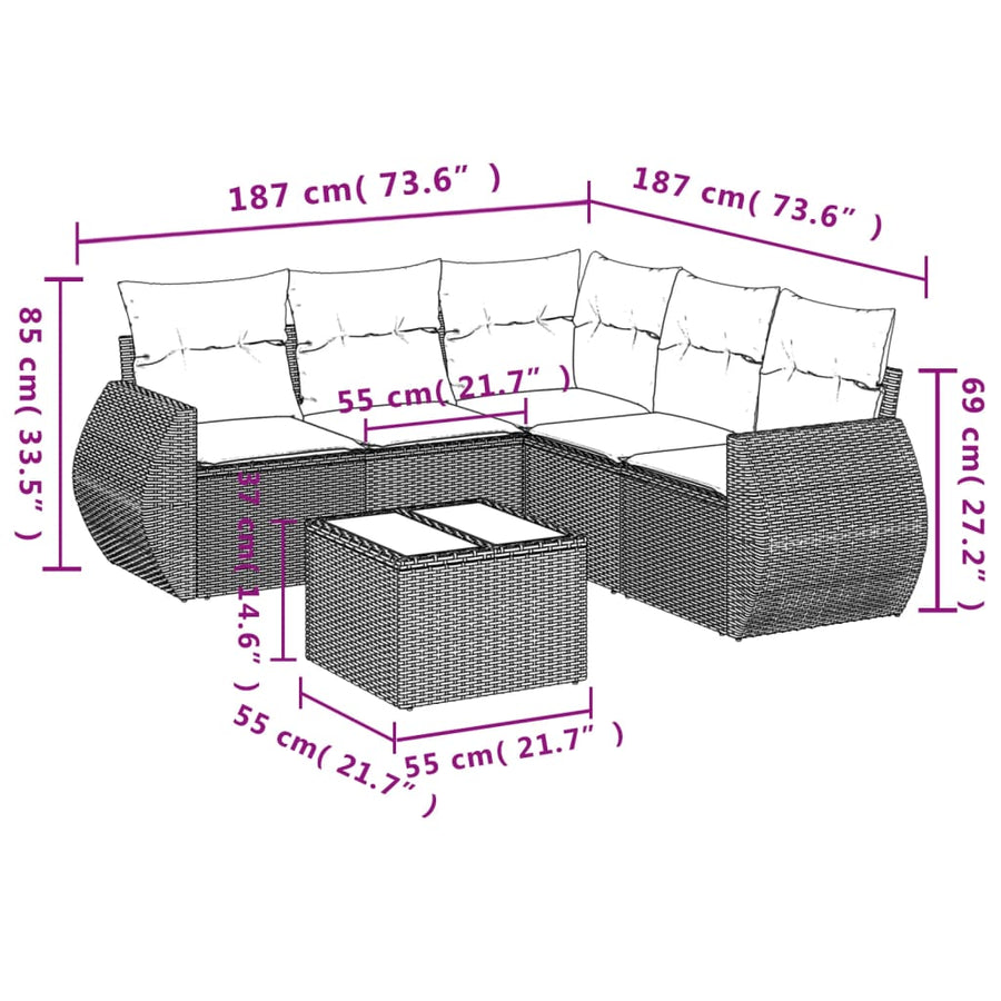 6-delige Loungeset met kussens poly rattan beige