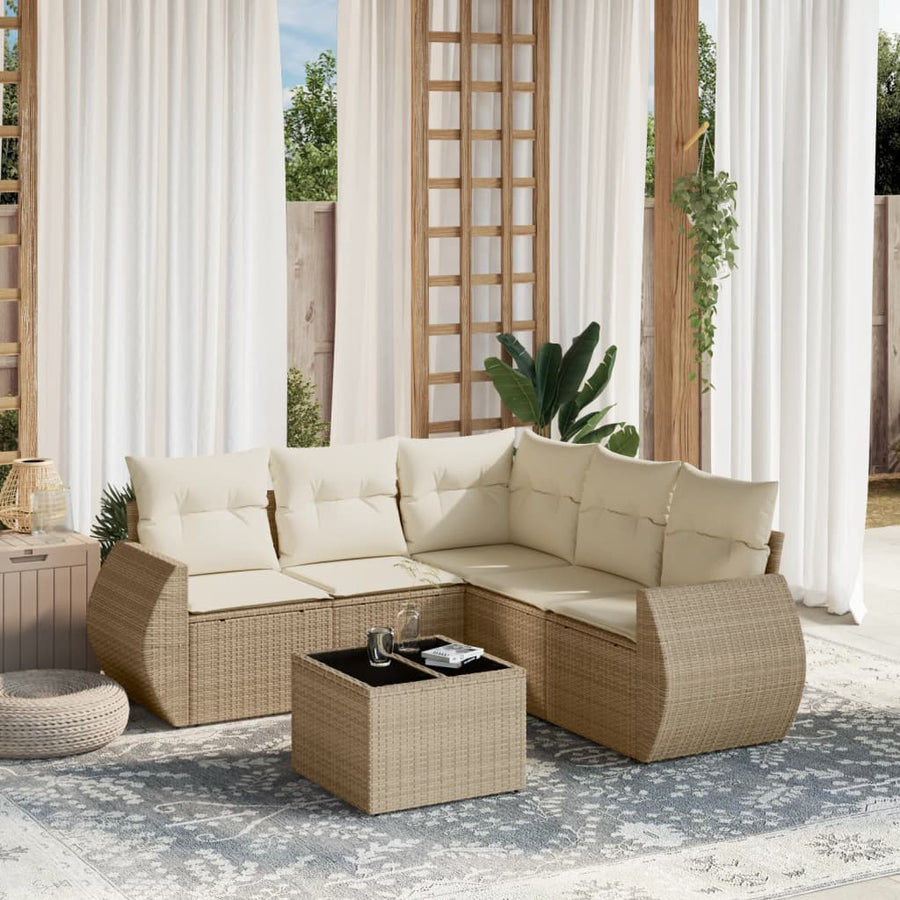 6-delige Loungeset met kussens poly rattan beige