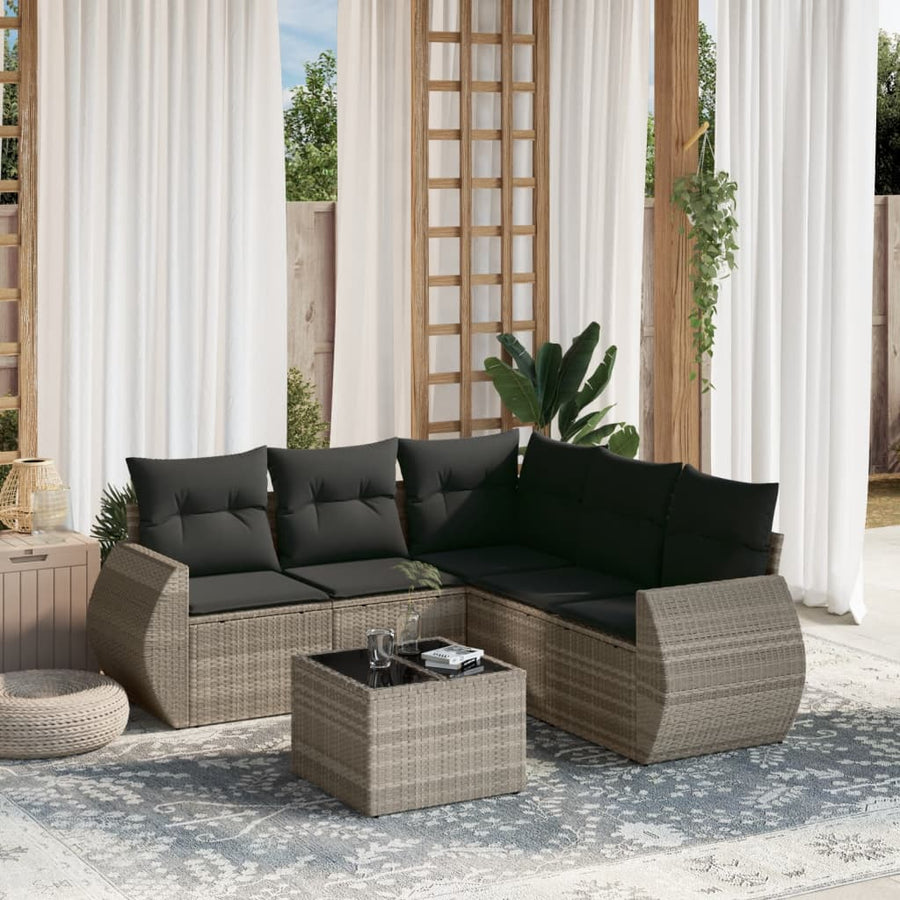 6-delige Loungeset met kussens poly rattan lichtgrijs
