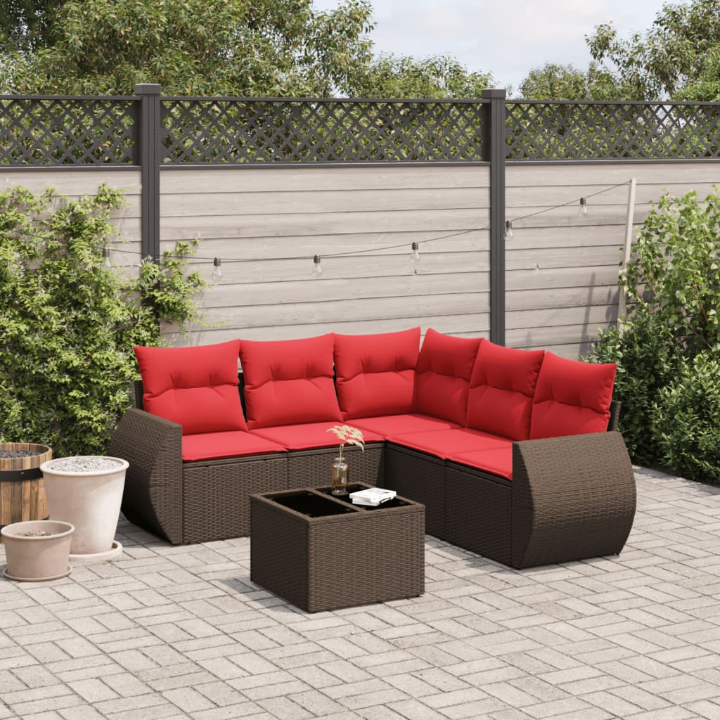 6-delige tuinbankset met kussens, bruin polyrotan