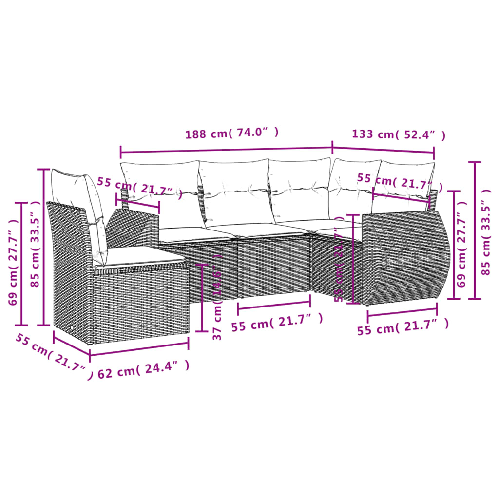 5-Delige Loungeset Met Kussens Poly Rattan Zwart