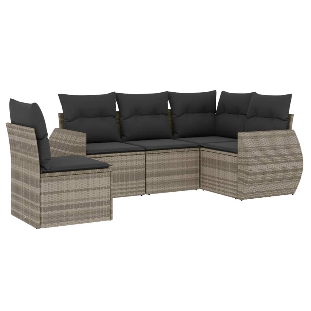 5-delige Loungeset met kussens poly rattan lichtgrijs