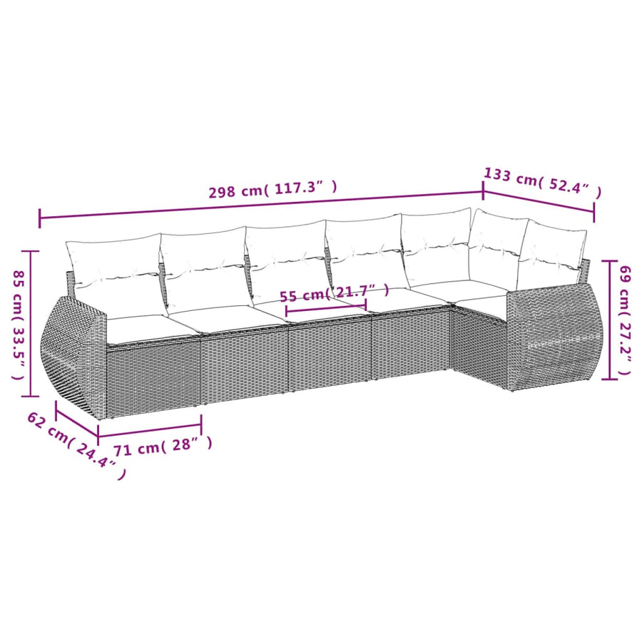 6-delige tuinbankset met kussens, grijs polyrotan