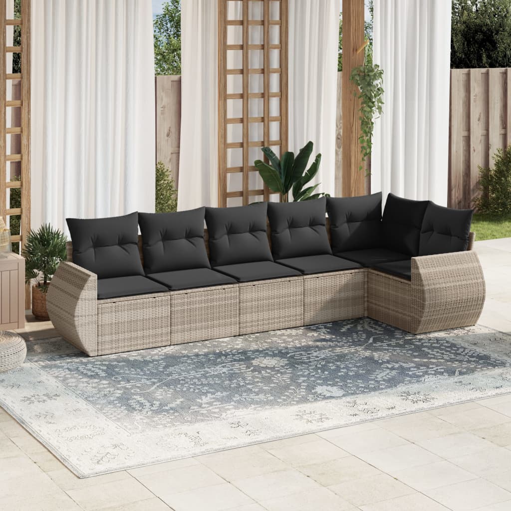 6-delige Loungeset met kussens poly rattan lichtgrijs