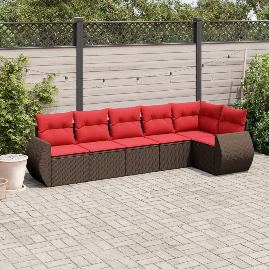 6-delige tuinbankset met kussens, bruin polyrotan
