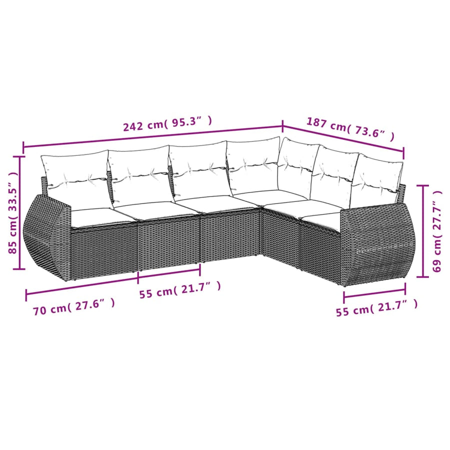 6-delige Loungeset met kussens poly rattan lichtgrijs