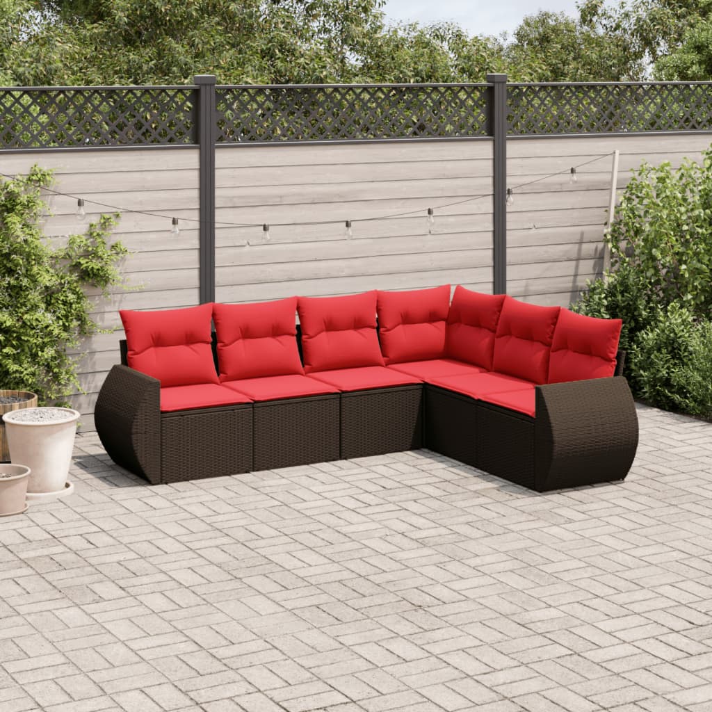 6-delige tuinbankset met kussens, bruin polyrotan