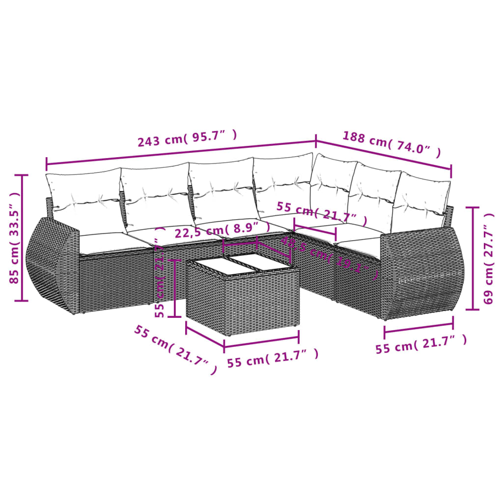 7-Delige Loungeset Met Kussens Poly Rattan Grijs