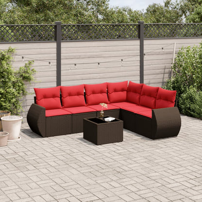 7-delige tuinbankset met kussens, bruin polyrotan