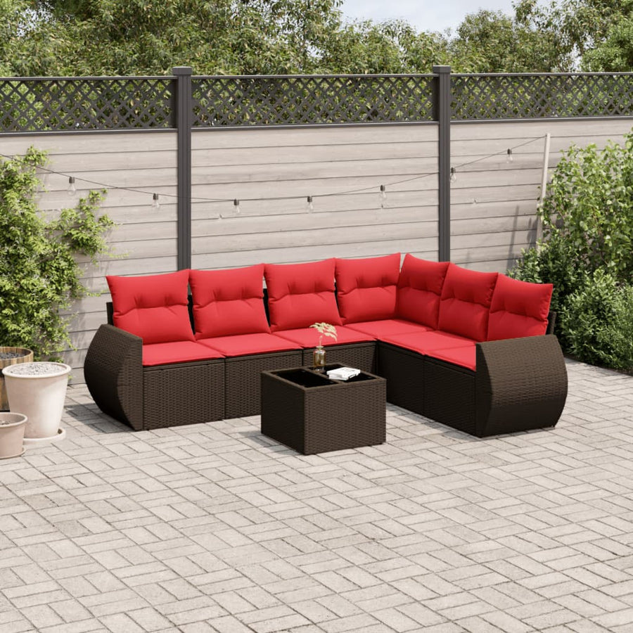 7-delige tuinbankset met kussens, bruin polyrotan