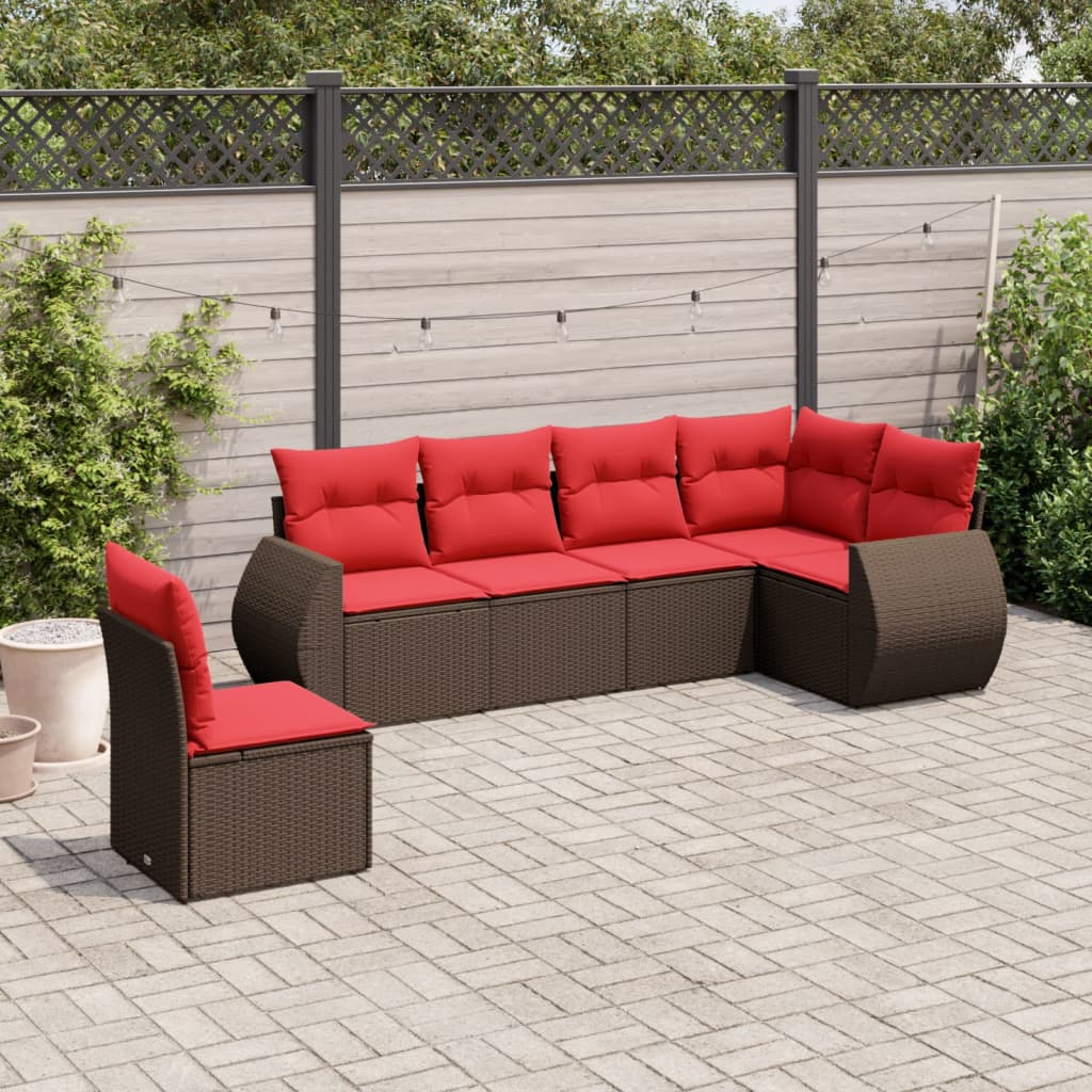 6-delige tuinbankset met kussens, bruin polyrotan