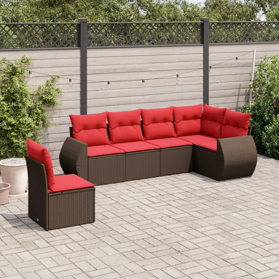 6-delige tuinbankset met kussens, bruin polyrotan