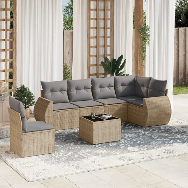 7-Delige Loungeset Met Kussens Poly Rattan Beige