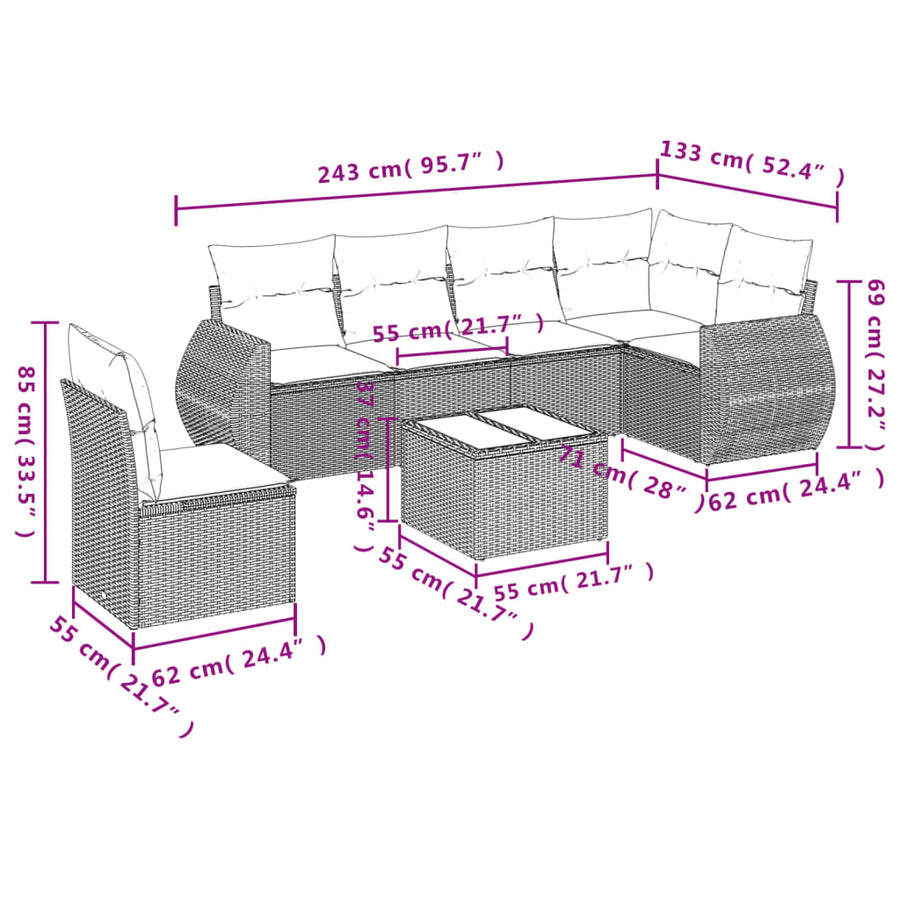 7-delige Loungeset met kussens poly rattan lichtgrijs