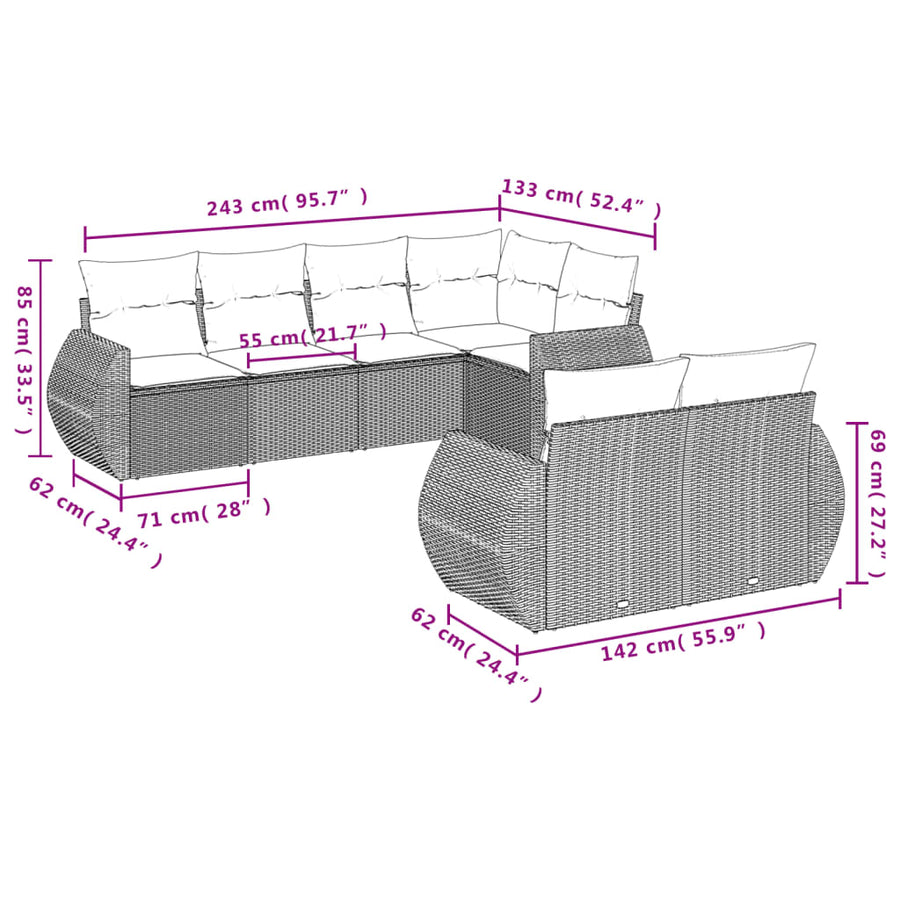 7-delige Loungeset met kussens poly rattan lichtgrijs