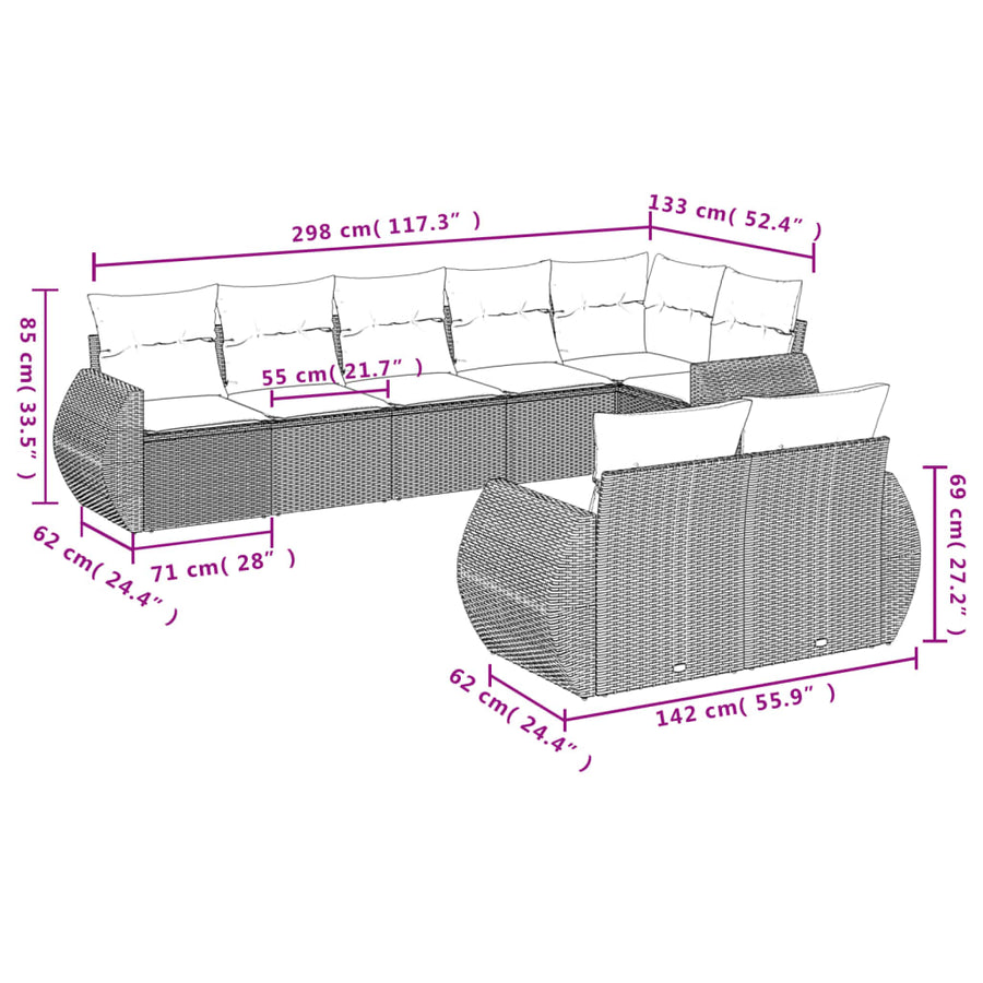 8-delige Loungeset met kussens poly rattan lichtgrijs