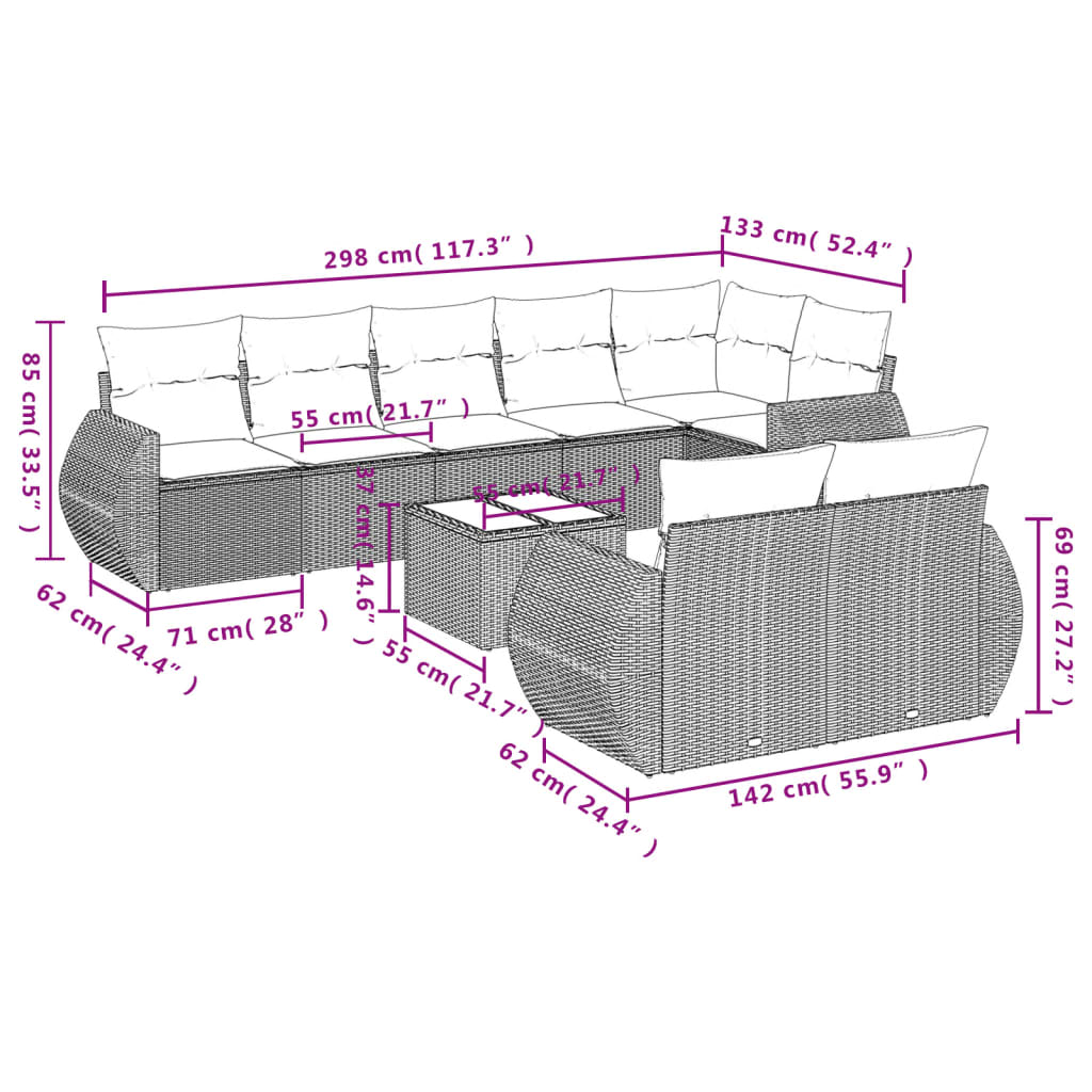 9-Delige Loungeset Met Kussens Poly Rattan Beige