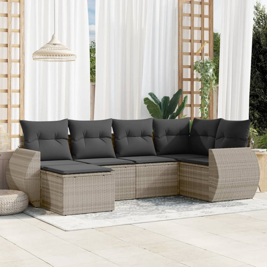 6-delige Loungeset met kussens poly rattan lichtgrijs