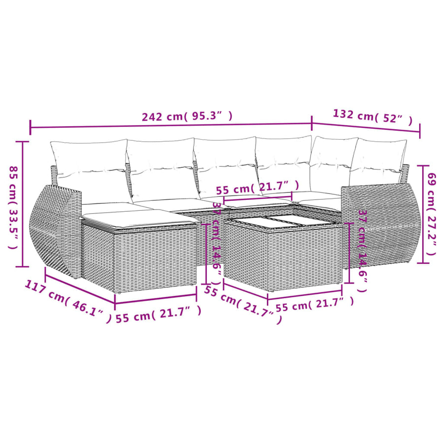 7-delige Loungeset met kussens poly rattan lichtgrijs