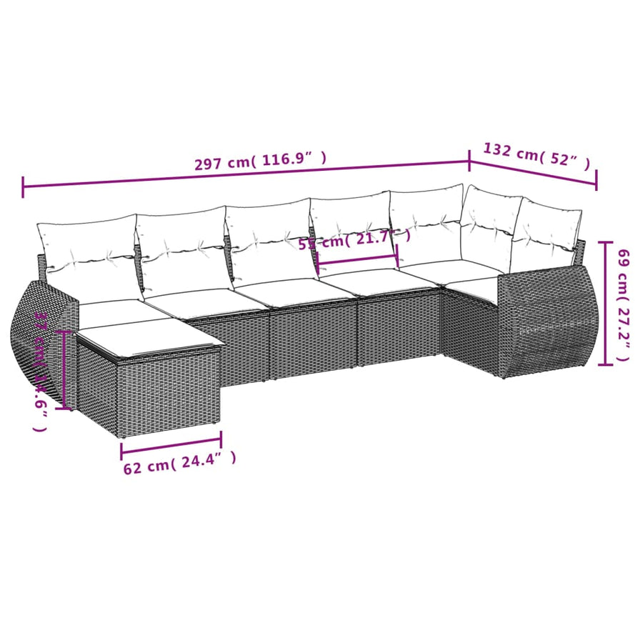 7-delige tuinbankset met kussens, grijs polyrotan