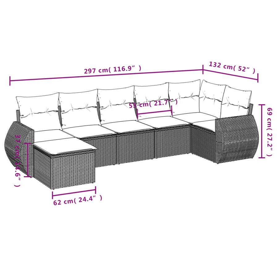7-delige tuinbankset met kussens, bruin polyrotan