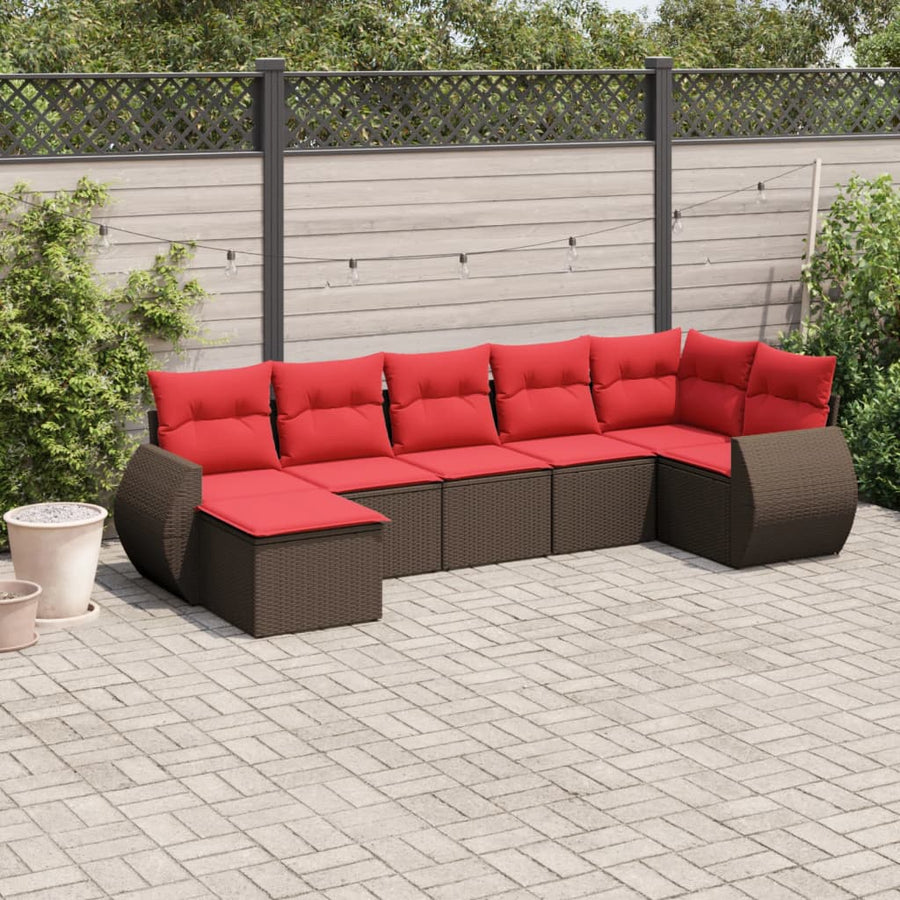 7-delige tuinbankset met kussens, bruin polyrotan