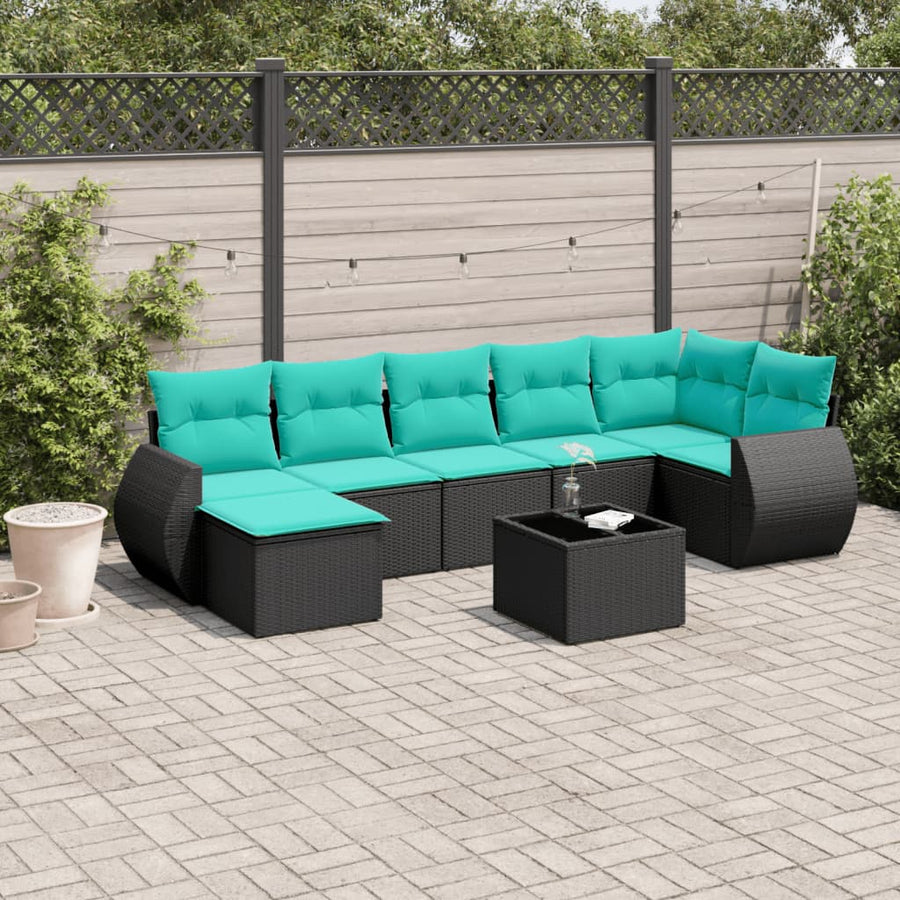 8-delige tuinbankset met kussens, zwart polyrotan