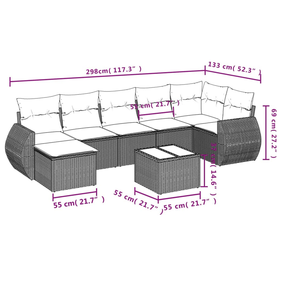 8-Delige Loungeset Met Kussens Poly Rattan Grijs