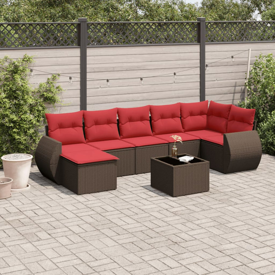 8-delige tuinbankset met kussens, bruin polyrotan