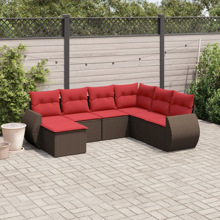 7-delige tuinbankset met kussens, bruin polyrotan