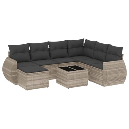 8-delige Loungeset met kussens poly rattan lichtgrijs