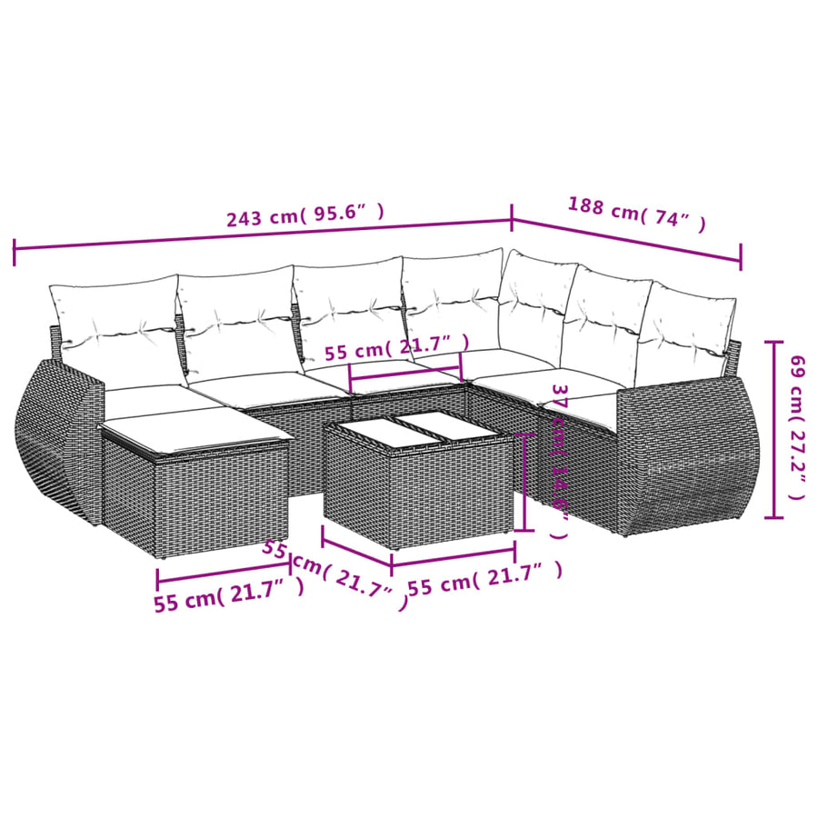8-delige Loungeset met kussens poly rattan lichtgrijs