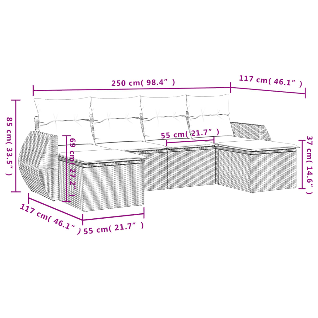 6-delige tuinbankset met kussens, bruin polyrotan
